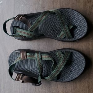 Brown and green chacos